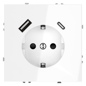 Розетка встраиваемая VOLTUM S70 с заземлением и защитными шторками, 16А, с USB, A+С, (белый глянцевы
